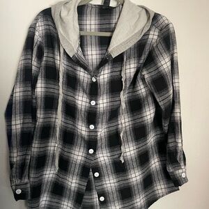 SHEIN Black and White Plaid Hoodie Shirt